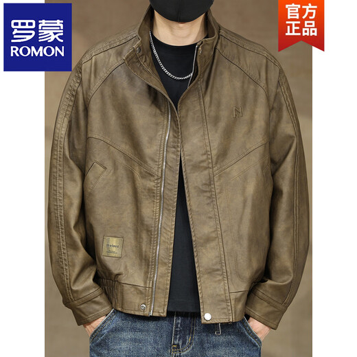 ROMON leather jacket men's Maillard retro motorcycle style PU leather jacket men's 2026 autumn and winter new velvet pilot jacket black gray M 100-130Jin Jin equals 0.5 kg