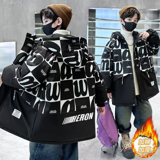 MLB&NY trendy children's clothing, boys' winter velvet jacket, children's handsome cotton-padded jacket, medium and large children's cotton-padded jacket, boys' new cotton-padded jacket, black 120 cm, recommended height is about 110 cm