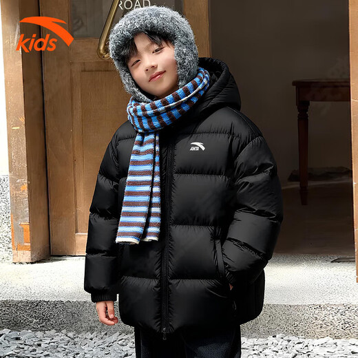 ANTA Chaqueta de plumón para niños y niñas 2025 Invierno Nueva Chaqueta de pan para niñas con capucha deportiva gruesa y cálida Básica Negro 80% Plumón 165 Relleno de plumón 136g