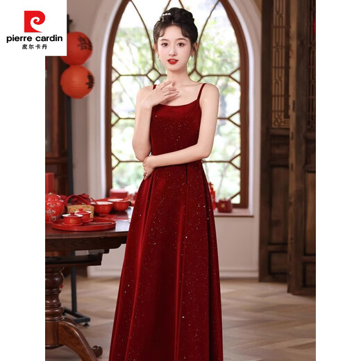 Pierre Cardin New Chinese Toast Wear 2025 New Bride Autumn and Winter Wedding Red Engagement Dress Skirt Women Winter Velvet Cheongsam Burgundy Winter XS