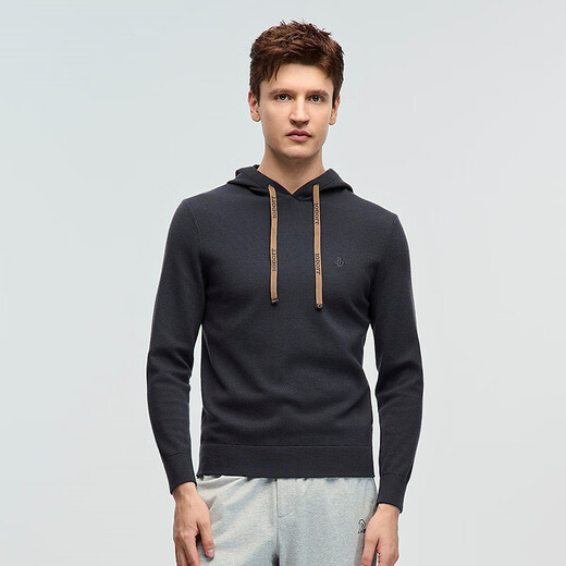 JODOLL men's 100% sheep wool comfortable and warm wool sweater fashionable casual versatile hooded sweater dark gray M 48