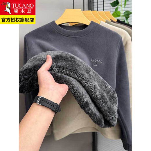 Woodpecker thickened velvet sweatshirt men's round neck winter flannel warm top men's fleece ultra-thick all-in-one velvet bottoming shirt 6665 meters gray 2XL recommended 125-145Jin Jin equals 0.5 kg