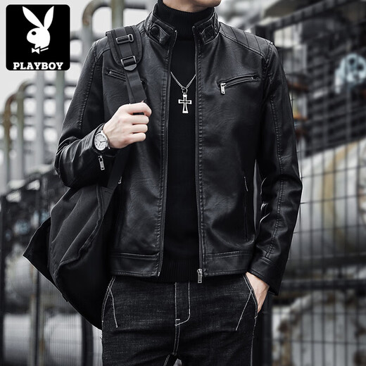 Playboy (PLAYBOY) leather jacket men's stand collar Haining trendy brand handsome casual autumn and winter motorcycle leather jacket large size coat A609 black without velvet L 105-120Jin Jin equals 0.5 kg