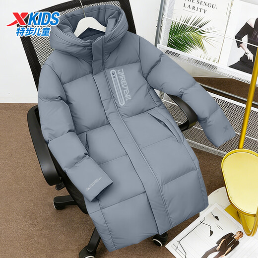 XTEP (XTEP) XTEP children's clothing, medium and long down jacket for boys and girls, three-proof and warm, 2025 winter new style, medium and large children's hooded jacket, stone gray, windproof and warm, same style as the main picture 120