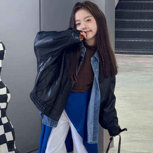 BALA is suitable for 2025 autumn new children's PU leather jacket girls boys, middle and large children motorcycle retro short black 110cm height about 110cm