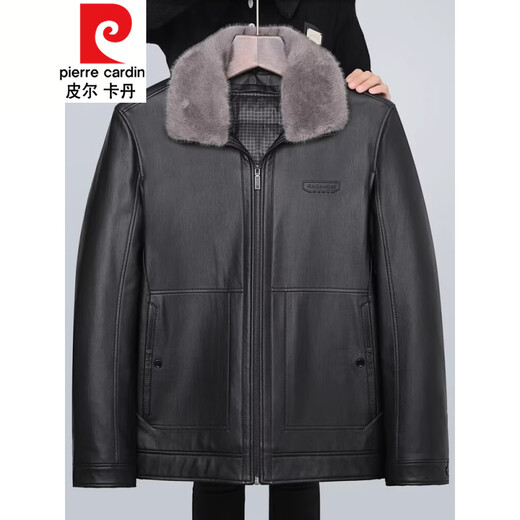 Pierre Cardin Dad Leather Jacket Men's Autumn and Winter Plus Velvet Thick Style 2025 New Knitted Short Jacket Black Removable Fur Collar/Inner Liner L 175 Suitable for -120Jin Jin equals 0.5kg