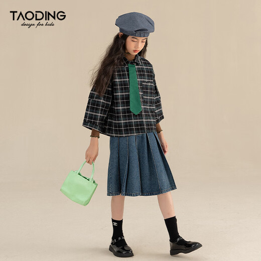 Taoding girls' shirt three-quarter sleeves spring and autumn new style medium and large children versatile dark green plaid Korean style loose college shirt dark green 160
