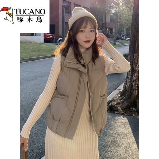 Woodpecker Winter Down Vest Jacket Women 2025 New Small Short Vest Cotton Clothes Vest Vest Western Style Fashionable Cotton Jacket Apricot Thin Lightweight S (80-95)