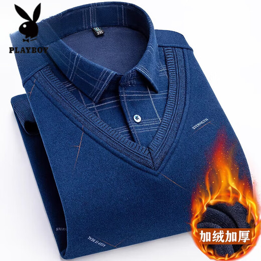 花花公子冬季男士保暖衬衫中青年纯棉假两件针织打底衫毛衣男加绒加厚上衣 M959 3XL (推荐160-178斤)