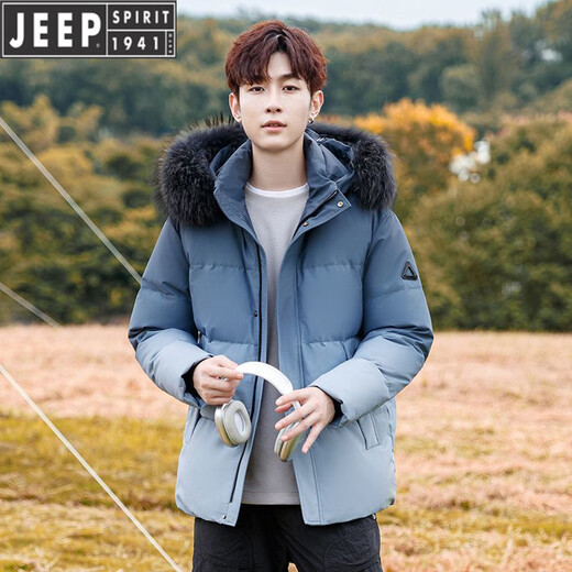 JEEP吉普男士羽绒服短款冬季新款毛领加厚保暖外套休闲宽松防寒服男款 水墨蓝【带毛领】 M