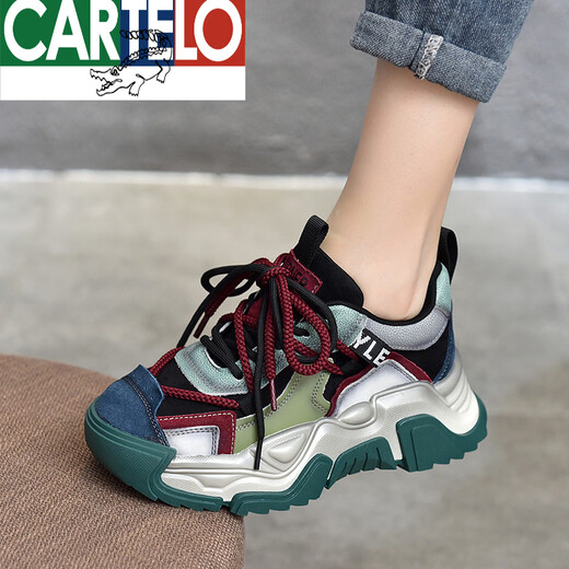 CARTELO Genuine Leather Dad Shoes Retro Light Casual Shoes Thick Sole Versatile Sports Women's Shoes 2025 New Autumn and Winter Trendy Shoes Green 39