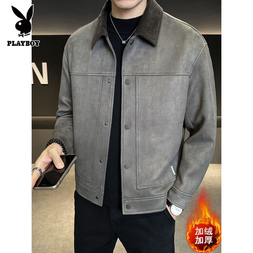 Playboy Suede Jacket Men's Autumn and Winter 2025 New Casual Gown Spliced Velvet Thickened Leather Jacket Men's Leather Jacket Gray Velvet L