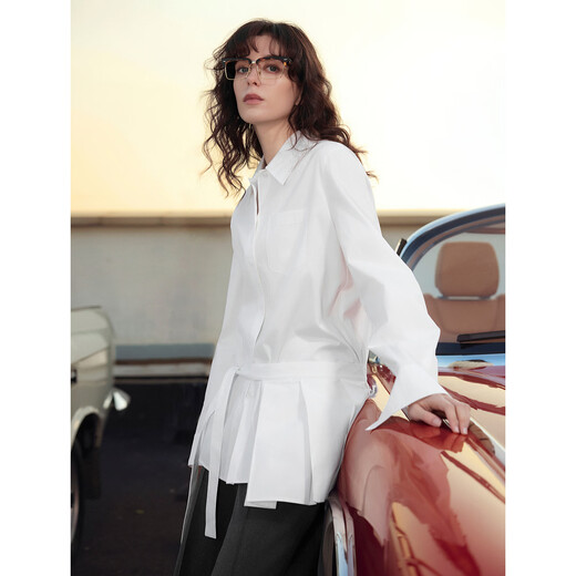 ELLE brushed cotton design pleated shirt for women 2026 spring new loose casual shirt two-piece set white S