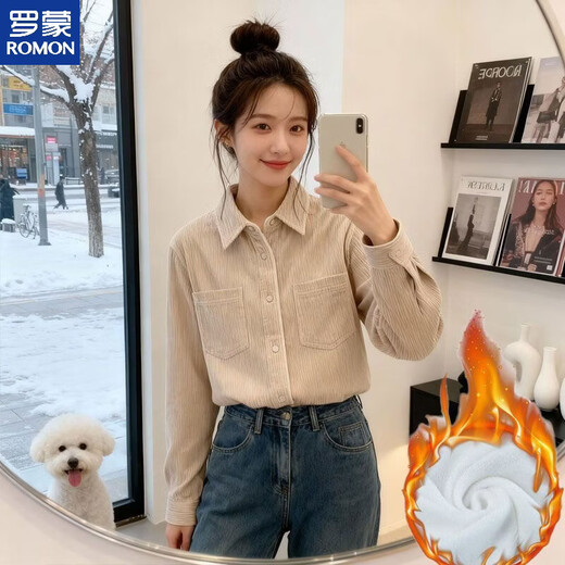 ROMON corduroy long-sleeved shirt for women with niche design for fall and winter, thickened velvet, loose temperament top, petite jacket, pink - thickened velvet, S