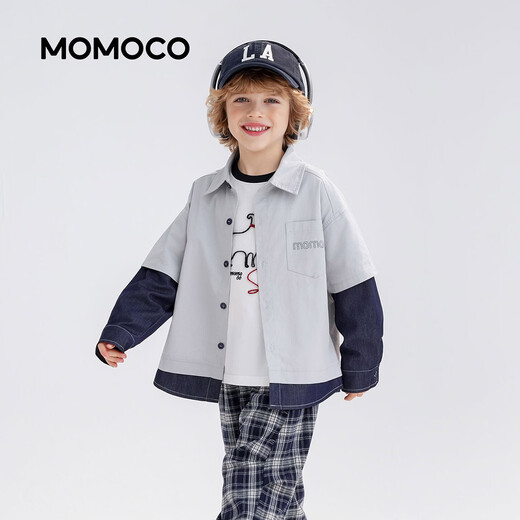 Mami Maka (MOMOCO) children's clothing boys' shirts 2026 spring style medium and large children's fashion versatile trendy shirts gray 110