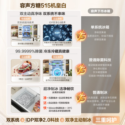 Rongsheng Cube Sugar 515L French style multi-door refrigerator dual system ultra-thin zero-embedded first-level energy efficiency automatic ice making white BCD-515P60FZNAD national subsidy World Cup BCD-515P60FZNAD white national subsidy