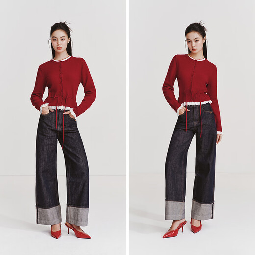 Semir Qiji red sweater women's short fake two-piece top 26 new lace hem two-piece inner wear 109126106001