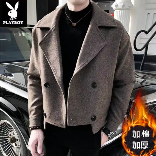 Playboy (PLAYBOY) Lapel Windbreaker Men's 2025 New Autumn and Winter Woolen Coat Men's Trendy Versatile Handsome Woolen Coat Coat Brown XL 130-140Jin Jin equals 0.5 kg