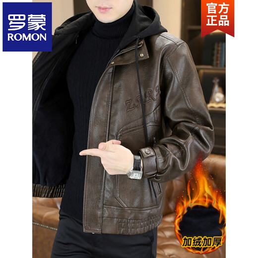 ROMON Autumn and Winter Hooded Leather Jacket Men's Handsome Plush Velvet Thickened Fashion Jacket Warm and Trendy Winter Leather Top Brown Color 8557 Spring and Autumn Style 4XL