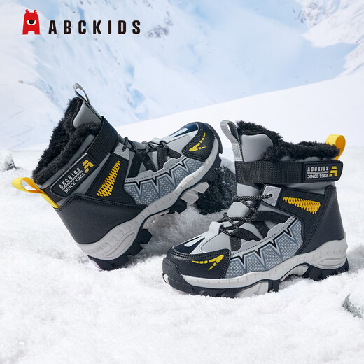 ABC KIDS children's shoes children's high-top plus velvet cotton shoes 2026 winter new warm casual shoes for boys and girls, black/bright yellow 29, inner length about 18.67cm