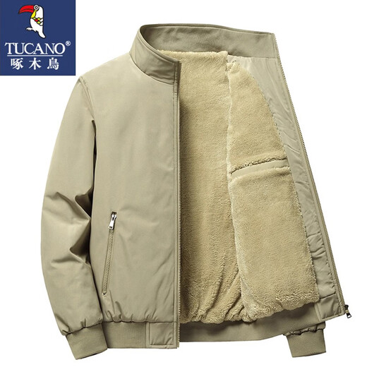 Woodpecker (TUCANO) cotton coat men's autumn and winter jacket plus velvet stand collar windproof warm lambswool loose jacket for men gray L