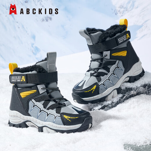 ABC KIDS children's shoes children's high-top plus velvet cotton shoes 2026 winter new warm casual shoes for boys and girls, black/bright yellow 29, inner length about 18.67cm