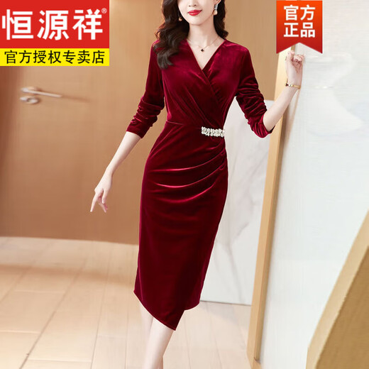 Hengyuanxiang Autumn Gold Velvet Dress Women's Long Sleeve 2024 New Burgundy Dress Grandma's Wedding Banquet Velvet Bag Burgundy XL 110-130Jin Jin is equal to 0.5 kg