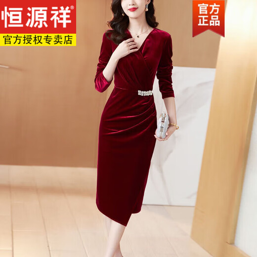 Hengyuanxiang Autumn Gold Velvet Dress Women's Long Sleeve 2024 New Burgundy Dress Grandma's Wedding Banquet Velvet Bag Burgundy XL 110-130Jin Jin is equal to 0.5 kg