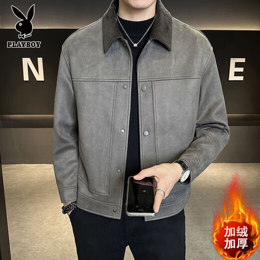 Playboy Suede Jacket Men's Autumn and Winter 2025 New Casual Gown Spliced Velvet Thickened Leather Jacket Men's Leather Jacket Gray Velvet L