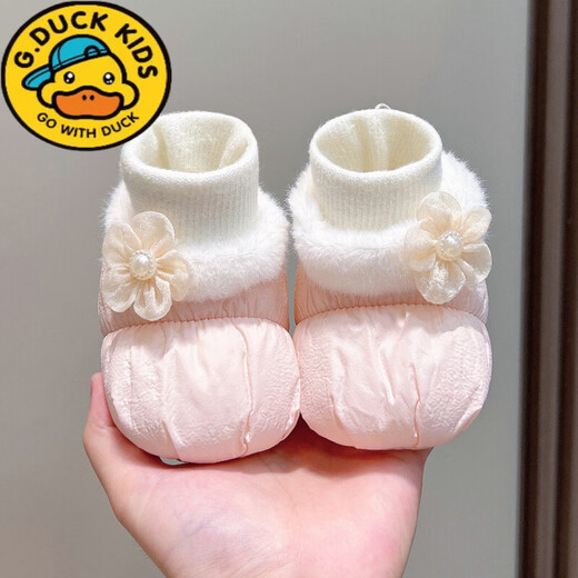 G.duck小黄鸭冬季婴儿加绒软底鞋女宝宝棉鞋袜保暖新生儿鞋子0-1岁花朵 卡其(冬暖棉鞋-侧上琉金花) 11.5 内长cm
