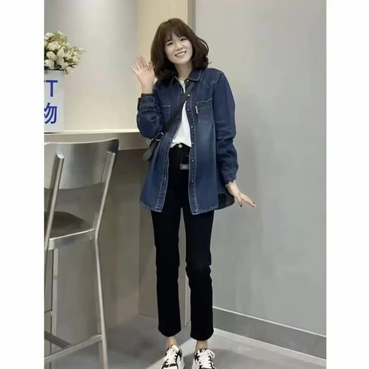 2025 New Denim Shirt Women's Autumn and Winter New Small Short Fashionable Loose Casual Versatile Layer Shirt Denim Shirt (Thin Velvet Style) L Recommendation 115-130 Jin Jin equals 0.5 kg