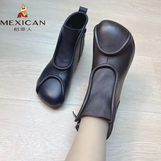 Scarecrow ethnic style retro genuine leather short boots for women 2026 autumn new style comfortable soft sole cotton and linen single boots round toe flat fashion boots black plus velvet 35