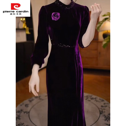 Pierre Cardin velvet thickened rayon velvet dress 2025 autumn and winter new temperament waist slimming western style dress skirt purple 2XL recommended 125-135Jin Jin equals 0.5 kg