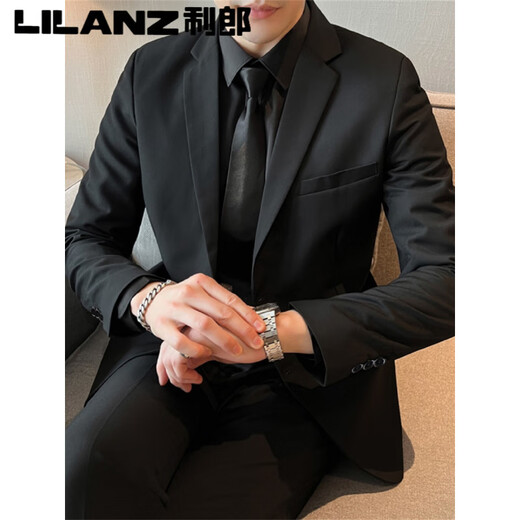 Lilang suit suit men's jacket business casual spring and autumn top groomsman suit groom wedding professional formal suit 09/* (2 pieces) black suit + trousers S (suitable for 80-95 Jin Jin equals 0.5 kg)