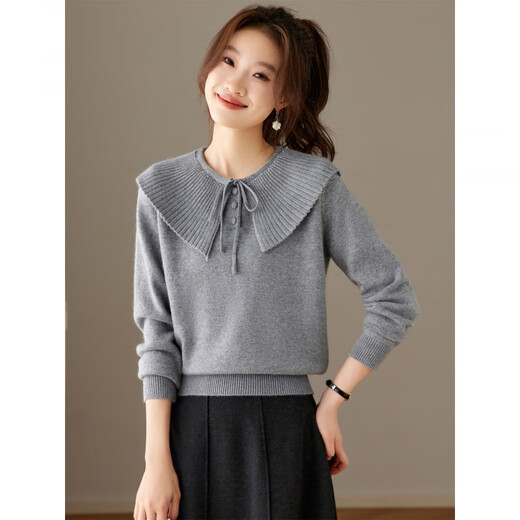 La Chapelle Korean baby lotus leaf collar lace-up sweater for women 2025 new autumn and winter style age-reducing sweater with bottoming top off-white L 110-120Jin Jin equals 0.5 kg