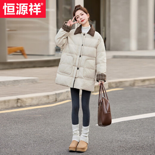 Hengyuanxiang 2026 new winter Korean style contrasting lapel down jacket for women, mid-length plaid, versatile, slim and warm jacket, black S