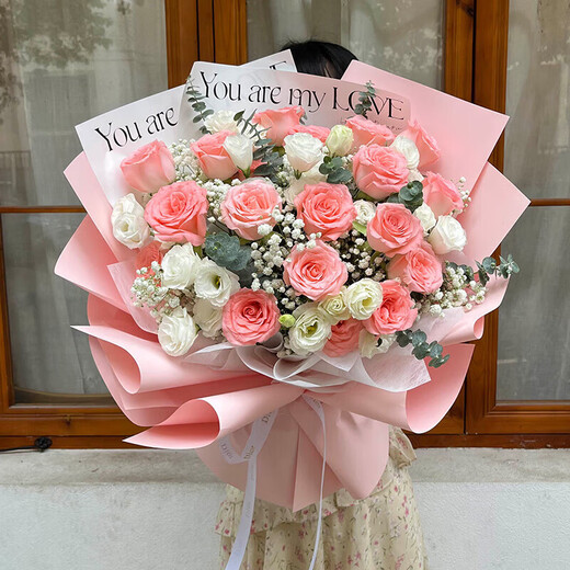 Flower Express Red Rose Champagne Bouquet for Girlfriend and Wife’s Birthday Gift Nationwide Delivery 11 Pink Roses and Platycodon Style