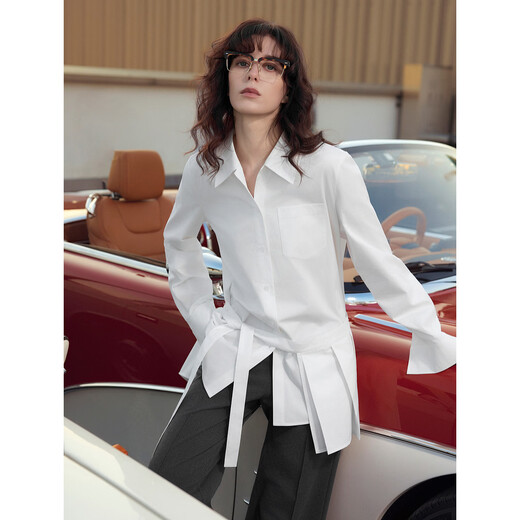 ELLE brushed cotton design pleated shirt for women 2026 spring new loose casual shirt two-piece set white S