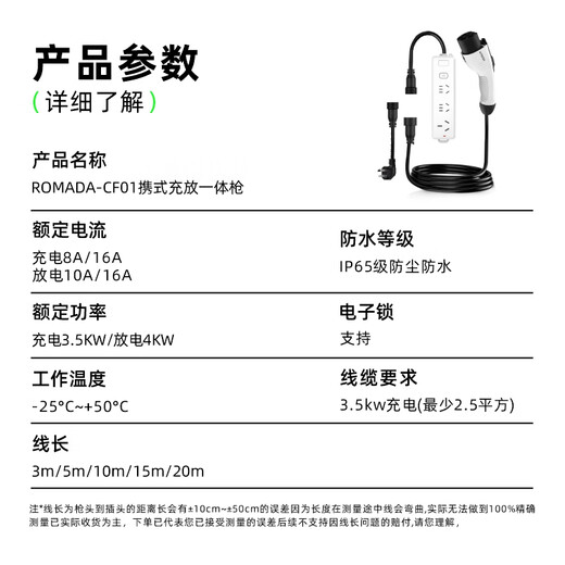 ROMADA charging and discharging gun integrated car-mounted portable 3.5KW new energy vehicle charger is suitable for BYD Geely Wuling Ideal Tesla Yl white CF01 5 meters