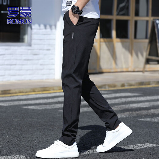 ROMON pants men's spring new men's business casual pants trendy slim commuter straight trousers black 36