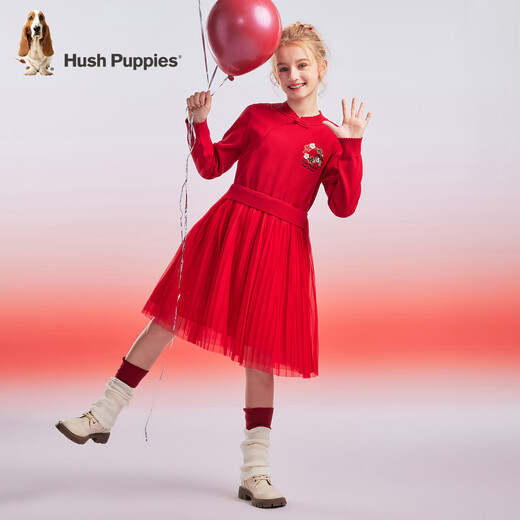 Hush Puppies children's clothing girls' dress medium and large children's sweet long-sleeved dress New Year's greetings dress New Year's style classic red 150