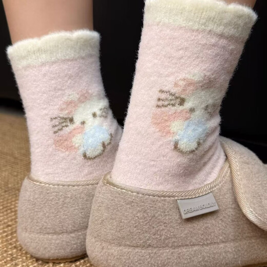 HelloKitty Cat Cute Australian Velvet Socks Women's Autumn and Winter Mid-Tube Socks Plus Velvet Thickened Warm Plush Postpartum Socks Three Pairs White KT Embroidery KT Pink KT One Size