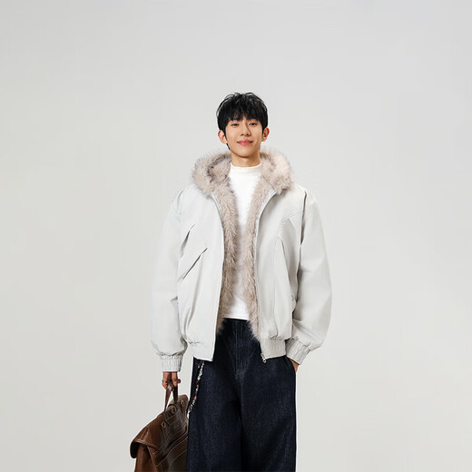 Mountain carving cotton coat fur collar hooded men's autumn and winter loose trendy pleated design warm couple cotton coat khaki 2XL