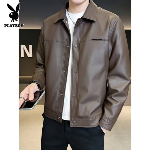 Playboy velvet thickened leather jacket for men, autumn and winter trendy brand 2025 new slim fit label design PU leather jacket for men, coffee color L