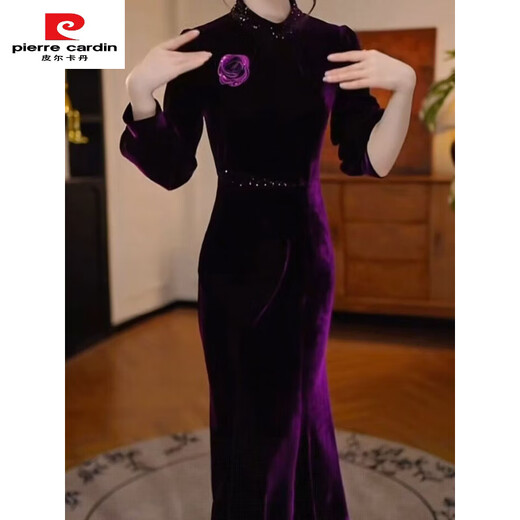 Pierre Cardin velvet thickened rayon velvet dress 2025 autumn and winter new temperament waist slimming western style dress skirt purple 2XL recommended 125-135Jin Jin equals 0.5 kg