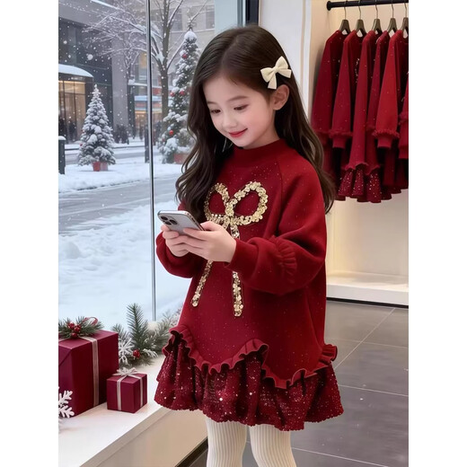 Guanimao girls New Year's dress winter 2026 new children's velvet sweatshirt dress medium and large children's winter clothing red New Year's greetings red velvet style 150 yards