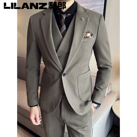 Lilang woolen suit men's winter thickened brown high-end handsome suit men's suit wedding dress men's casual dark gray (suit + pants) free tie 3XL