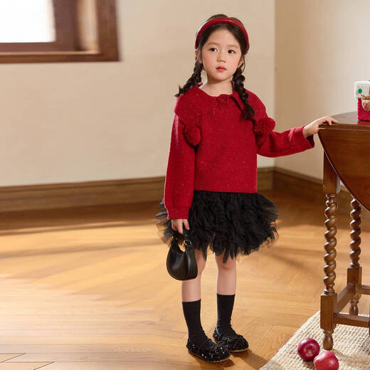 LUSON Xiao O Bao children's clothing baby fluffy mesh skirt for women 2026 new style girls red New Year princess skirt burgundy 110