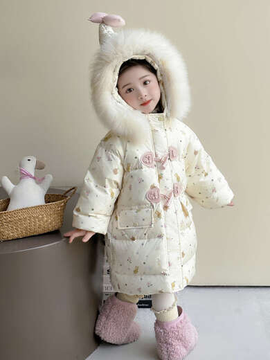 BALA suitable for girls' down jacket winter 2025 new style Western style children's white duck down little girl baby beige full size, large fur collar 90cm