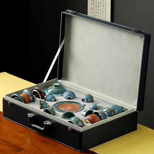 Langting Yafang Jun kiln Kung Fu tea set teapot complete set ceramic kiln glaze high-end home office Chinese style gift box Jun Yufu Emerald Sapphire 22-piece set